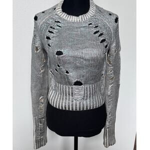 ZOE JORDAN Euler Foil Silver Cashmere Distressed Sweater ASO Gigi Hadid S/M